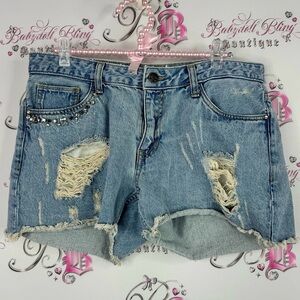 Being human Blue Distressed Jean Shorts with Rhinestones studded embellishments